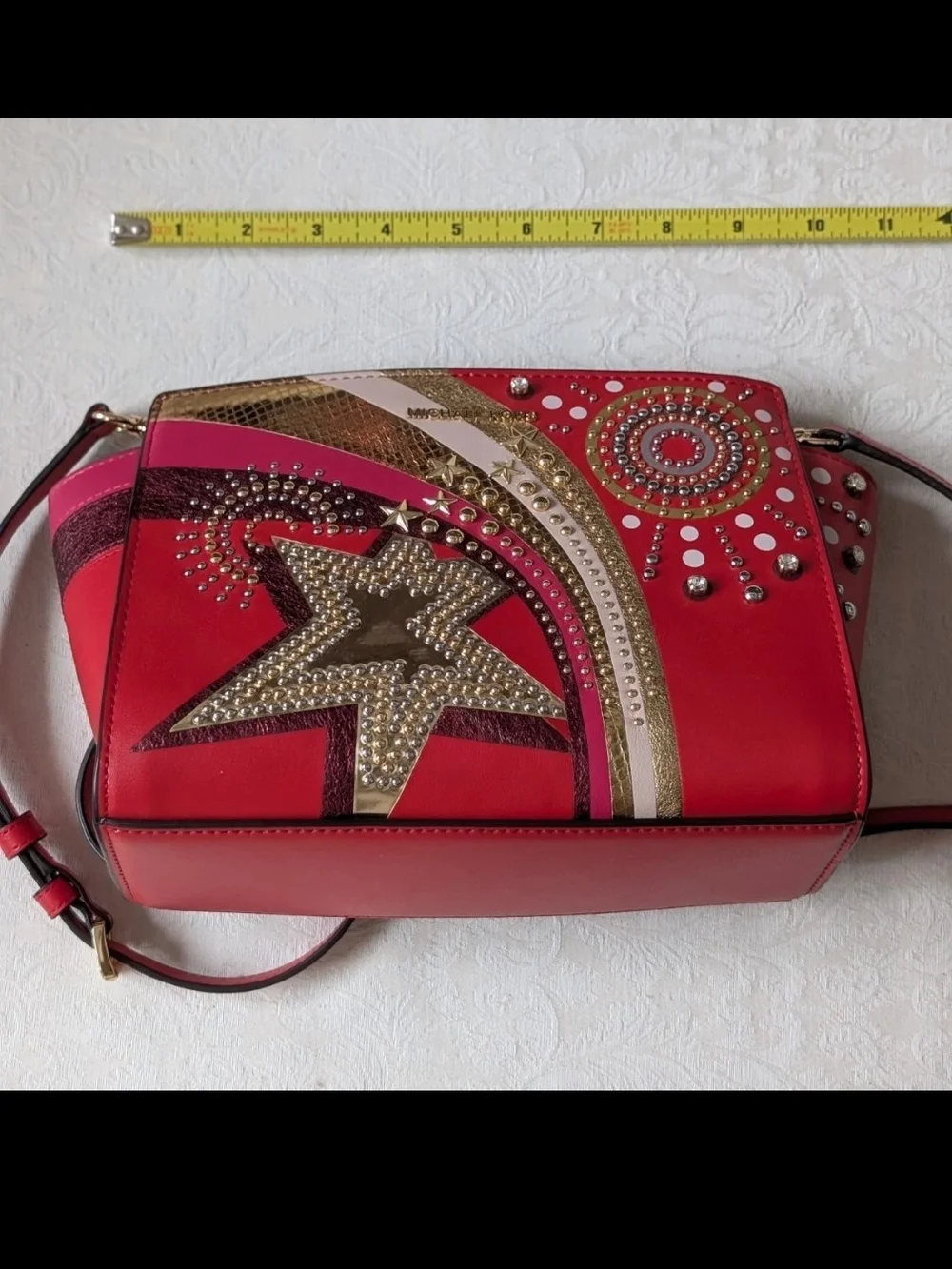 Michael Kors Red Shoulder Bag Star Studded Metallic Crystal Zip Gold Hardware
